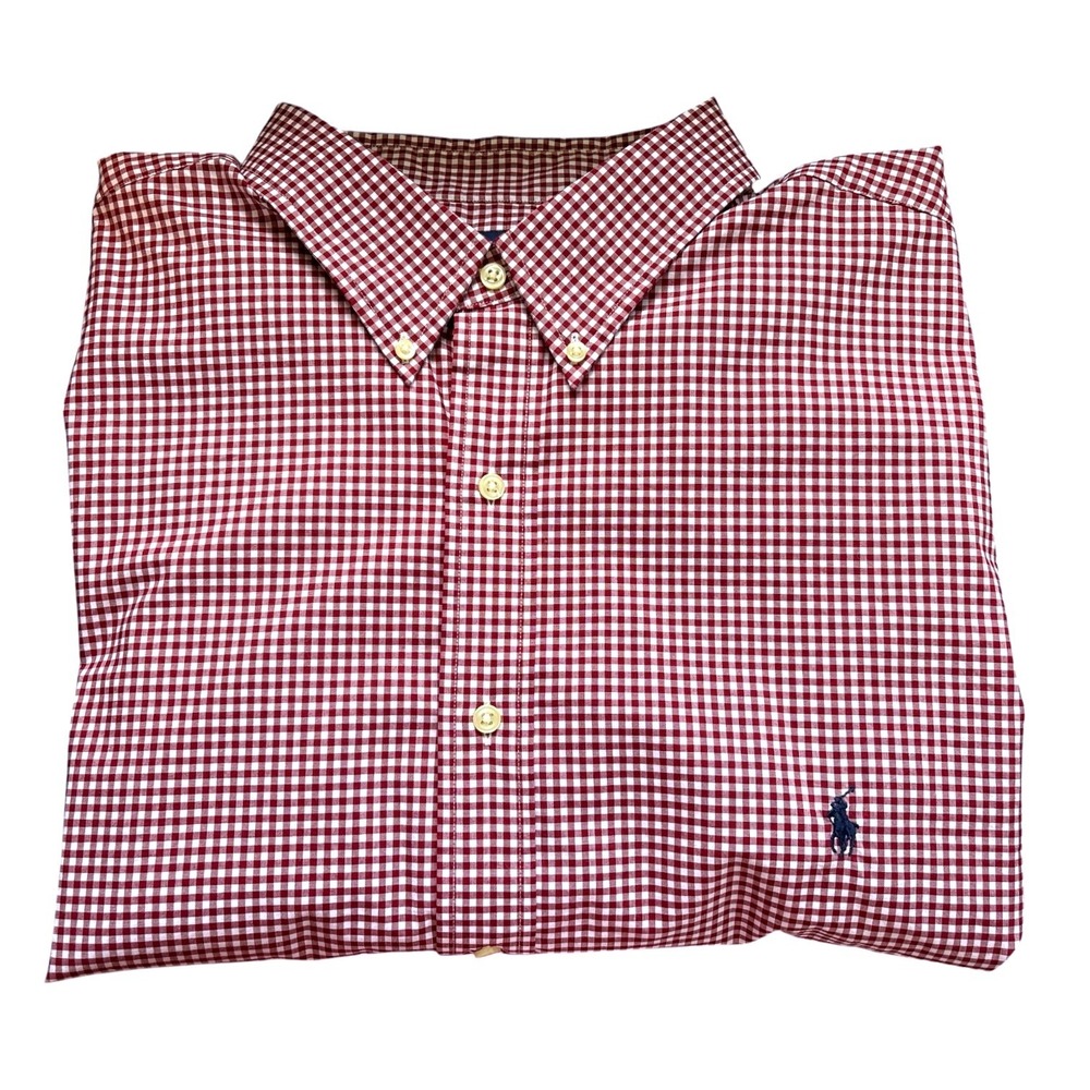 Ralph Lauren Red & White Gingham Check Long Sleeve Dress Shirt, Size 2XL Tall